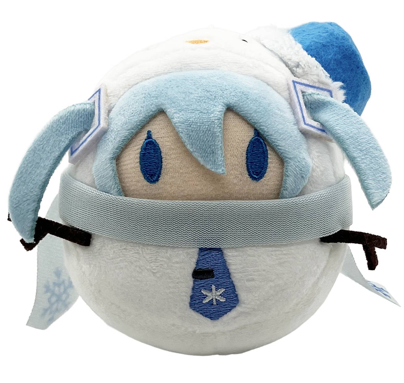 Hatsune Miku Snow Miku 2026 Ver. Snowman Plush Mascot - tampak depan boneka salju mini dengan aksen biru dan putih
